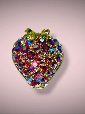 Dazzling Vintage Aurora Borealis Rhinestone Strawberry Brooch Iridescent Pink